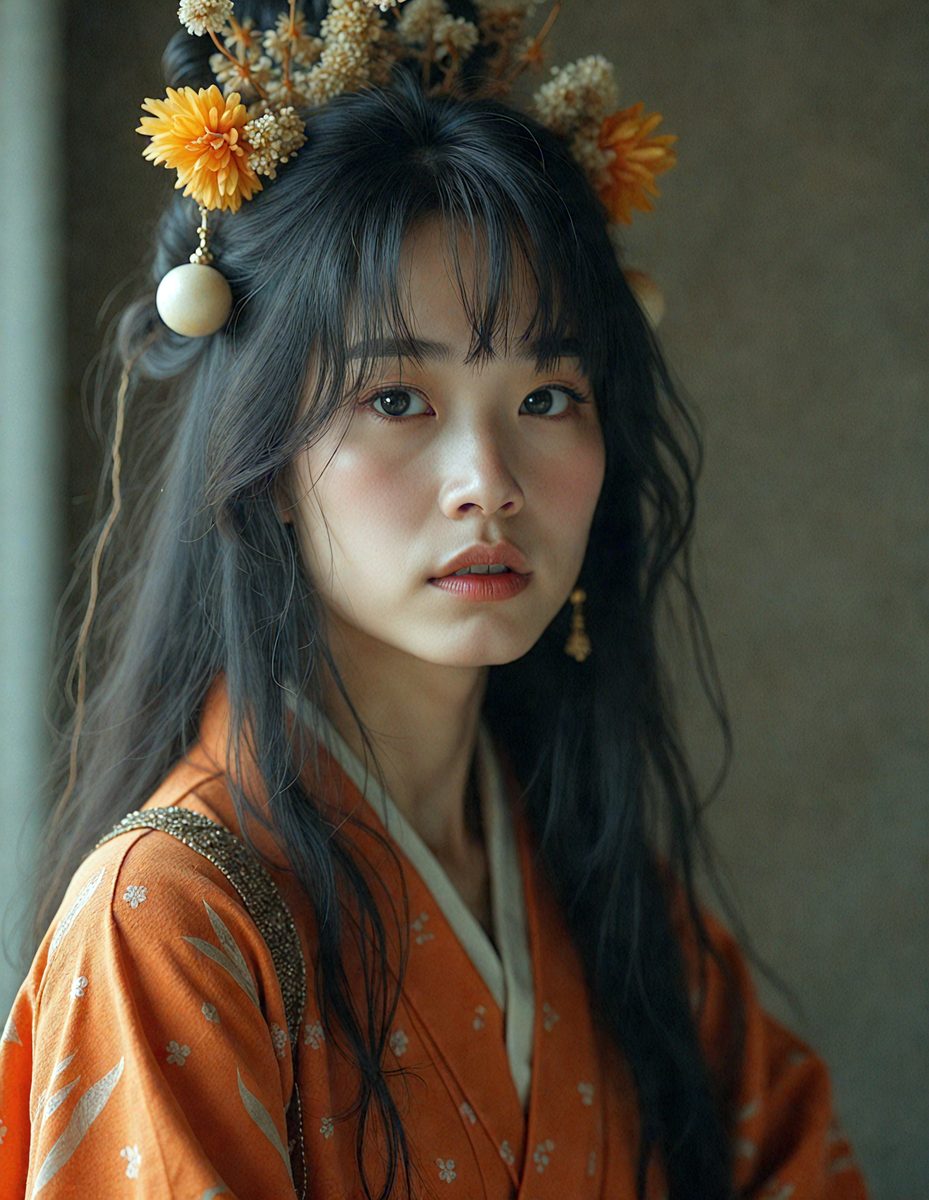 The image features a young woman in an orange dress, posing in front of a wall. The woman is wearing a traditional kimono, which is a traditional garment worn by asian women. The background is a dark gray, which creates a sombre and ethereal atmosphere. The woman is wearing a traditional kimono, which is a traditional garment worn by asian women. The kimono is adorned with flowers, which adds a touch of elegance to the image.